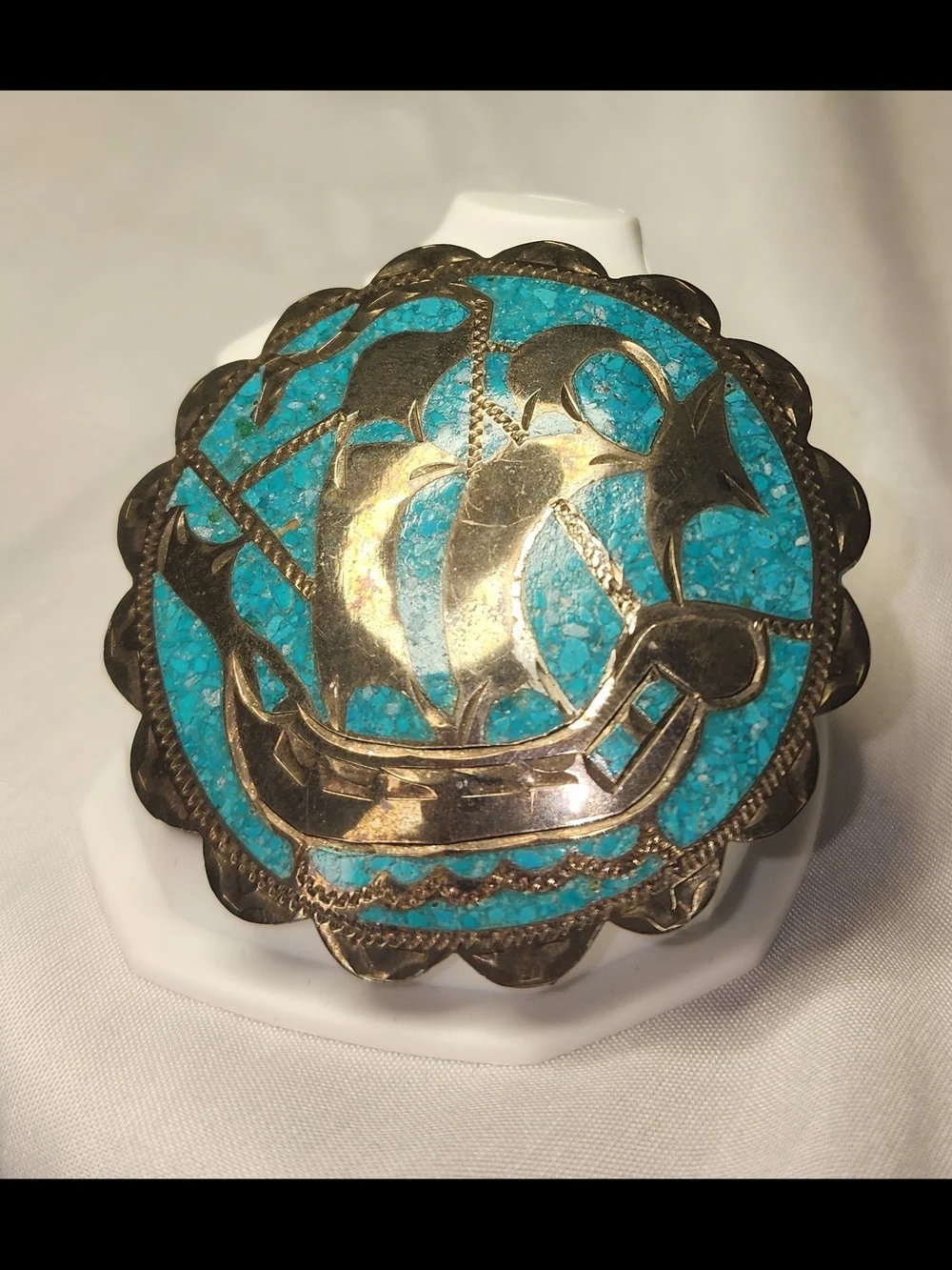 Turquoise Inlay Ship Pin/Pendant, Signed, Vintage